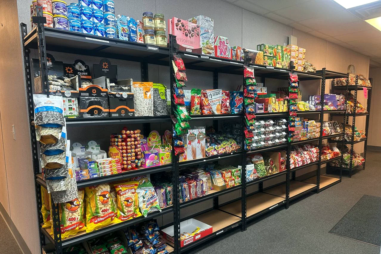 Snack shelves inside the Trucker Heaven Market